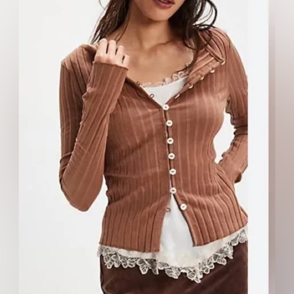 NWOT free people Tilly ribbed longsleeve cardigan in tan - Picture 1 of 4